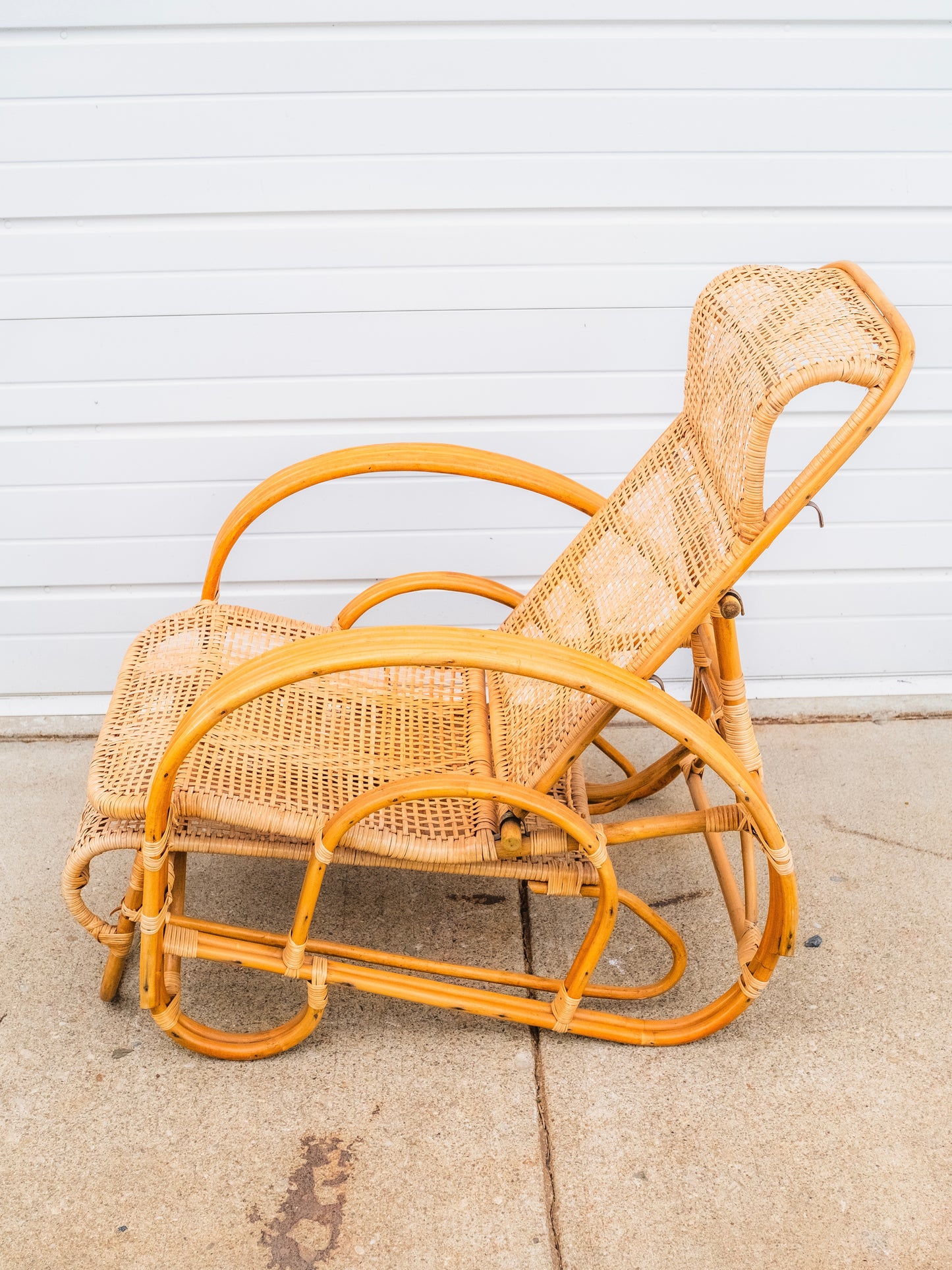 Vintage 1960s Folding Rattan Lounge Chair w/ Ottoman
