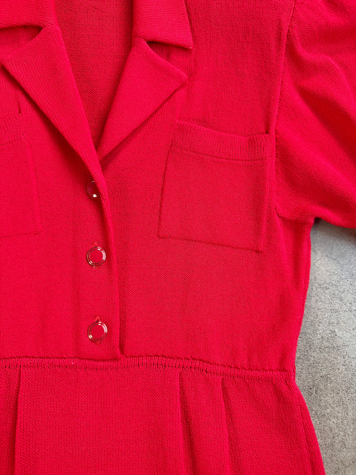 Vintage 1980s St. John for Saks Fifth Ave Red Puff Sleeve Button-Front Knit Dress | S/M
