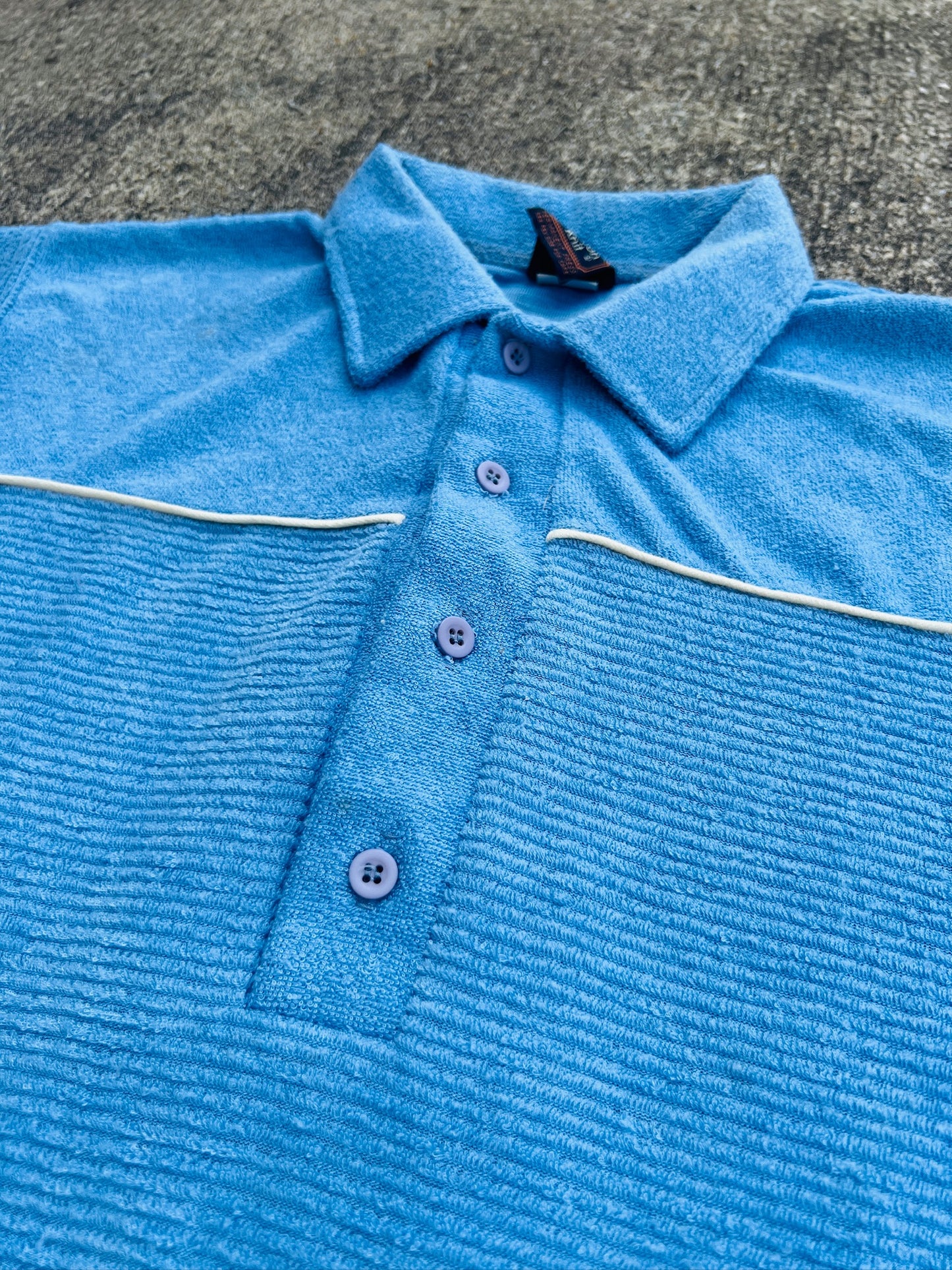 Vintage 1970s Bruxton Knit Blue Terrycloth Short Sleeve Polo