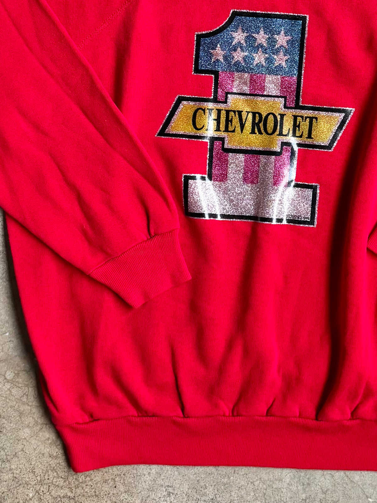Vintage 1978 Chevrolet Glitter Graphic Red Raglan Sweatshirt | XL