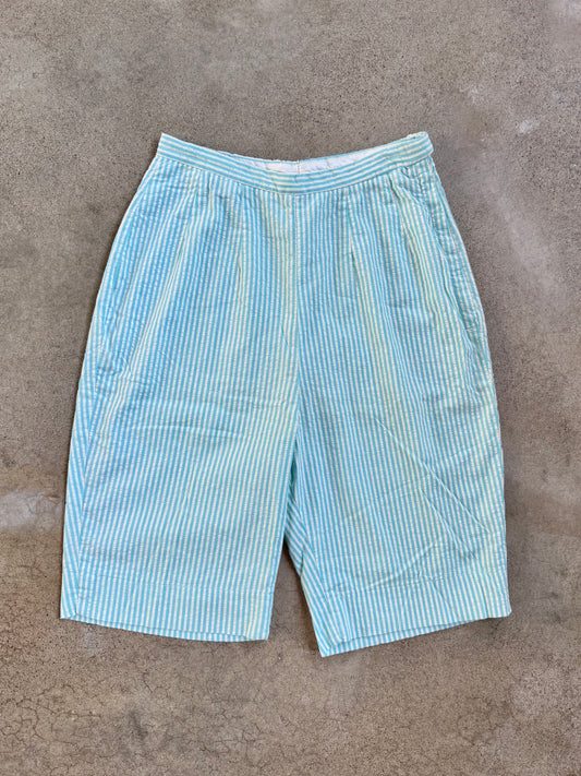 Vintage 1950s Tiger Pants Blue Seersucker Striped Shorts | Waist 26”