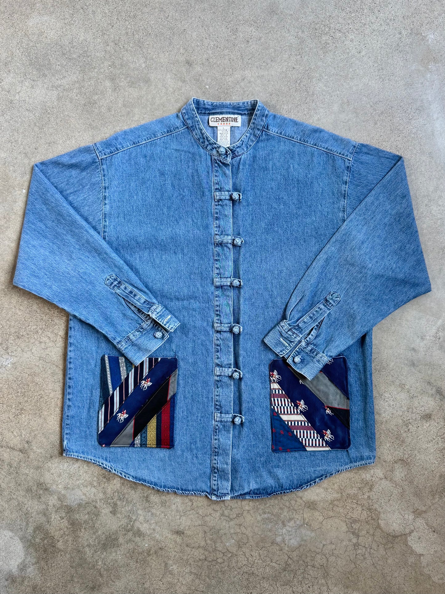 Vintage 1990s Clementine Tie Patchwork Pocket Denim Shirt | Large