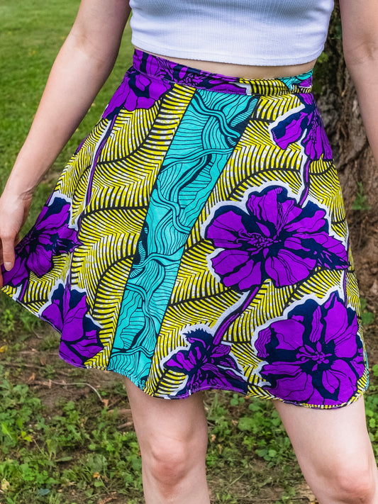 Vintage African Wax Print Tropical Floral Cotton Mini Wrap Skirt | Small