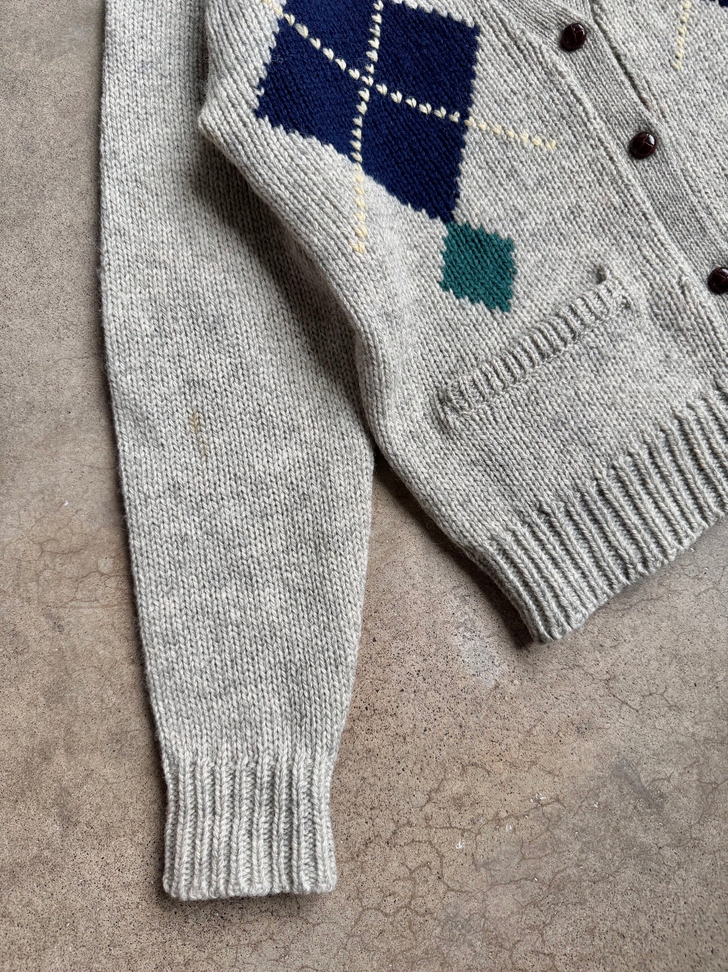 Vintage 1970s Grey Argyle V-Neck Cardigan | Small