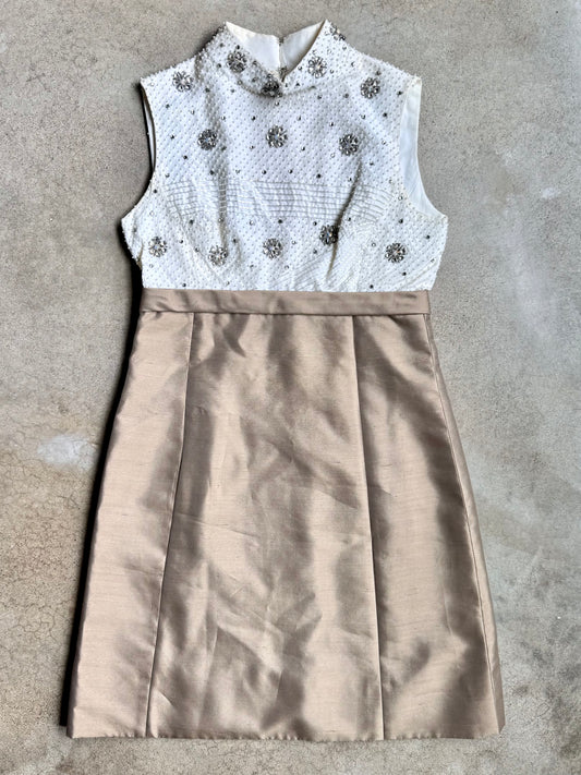 Vintage 1960s Dynasty Beaded High-Neck Sleeveless Cocktail Dress | S/M