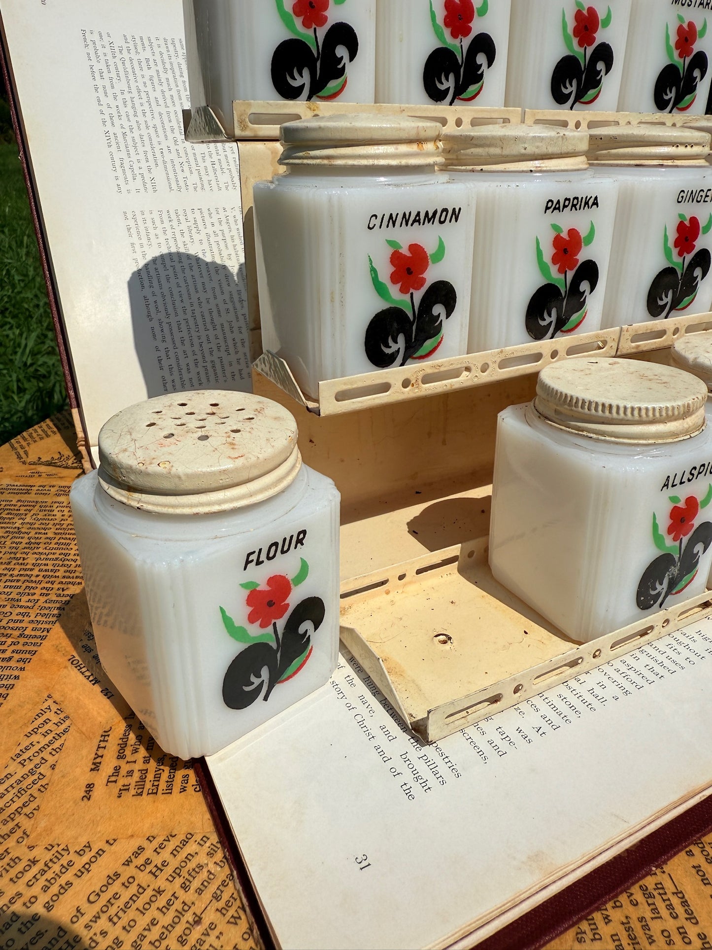 Vintage 1930s McKee Tipp City Milk Glass Spice Jar Set w/ Rack