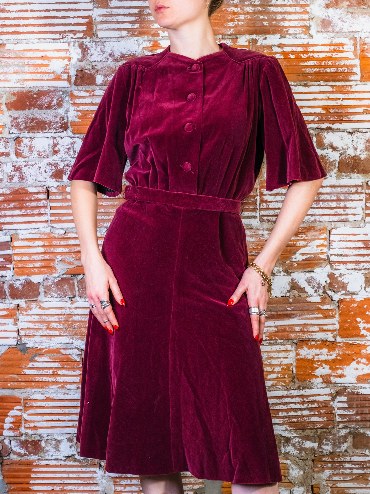 Vintage 1940s Handmade Ohio State Theatre Dept. Burgundy Velvet Belted Button-Front Dress | Medium