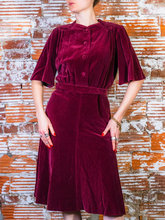 Vintage 1940s Handmade Ohio State Theatre Dept. Burgundy Velvet Belted Button-Front Dress | Medium
