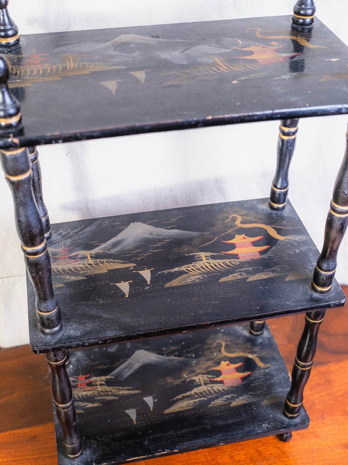 Vintage 1940s/50s Japanese Lacquered 3-Tier Etageré Shelf