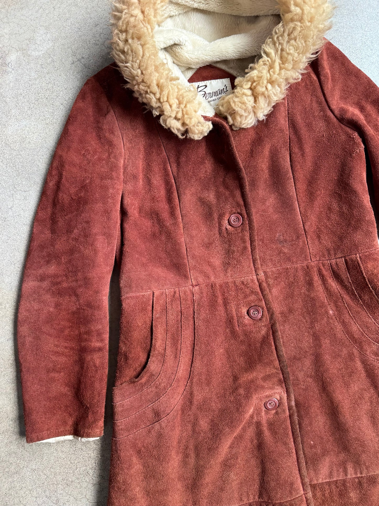 Vintage 1970s Berman’s Brown Suede Lamb Fur Trim Hooded Overcoat | Medium