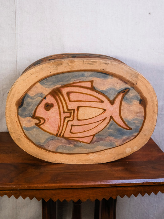 Vintage Folk Art Fish Hand-Painted Large Oval Box