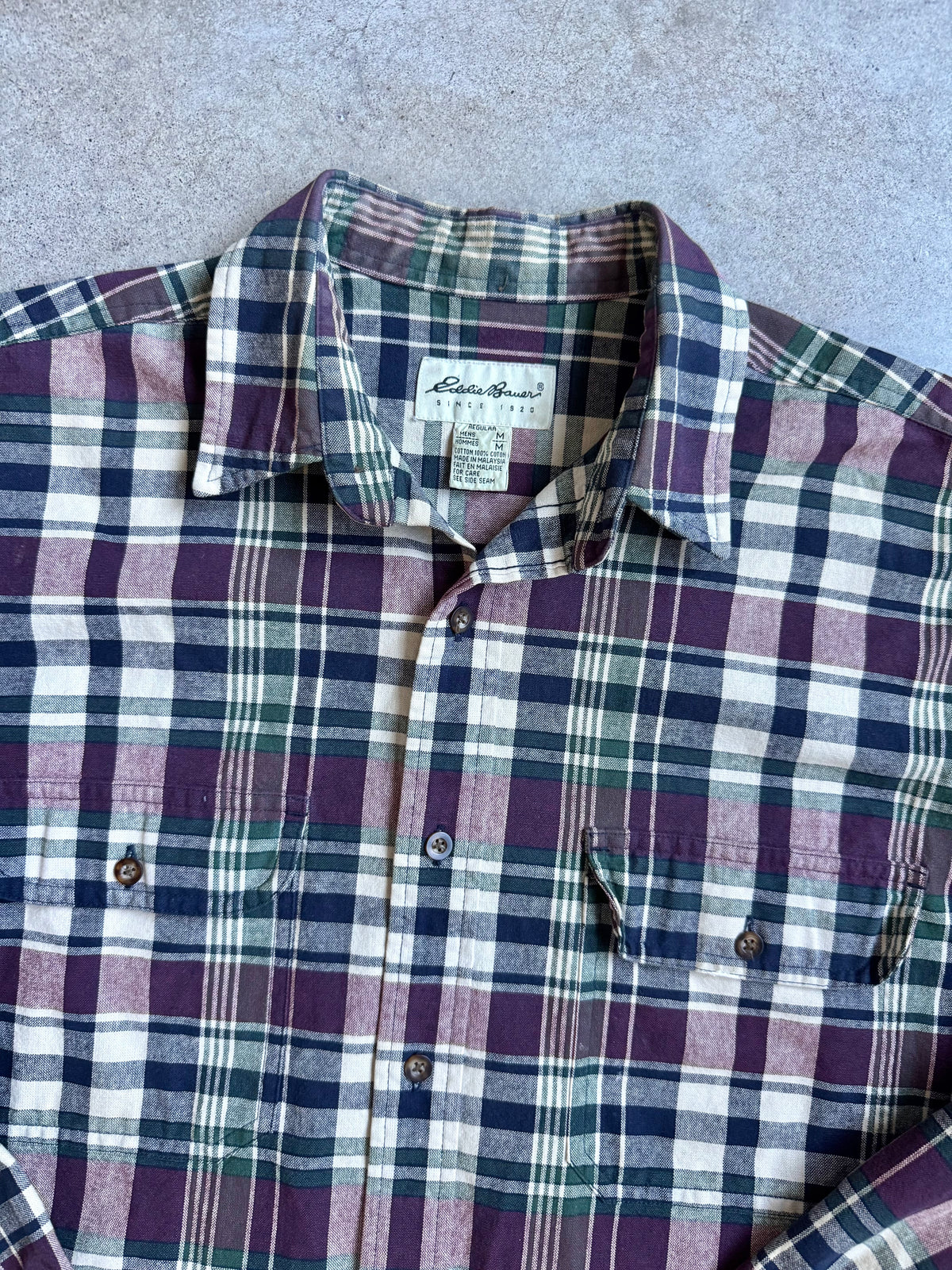 Vintage 1990s Eddie Bauer Dark Plaid Cotton Button-Up Shirt | Medium