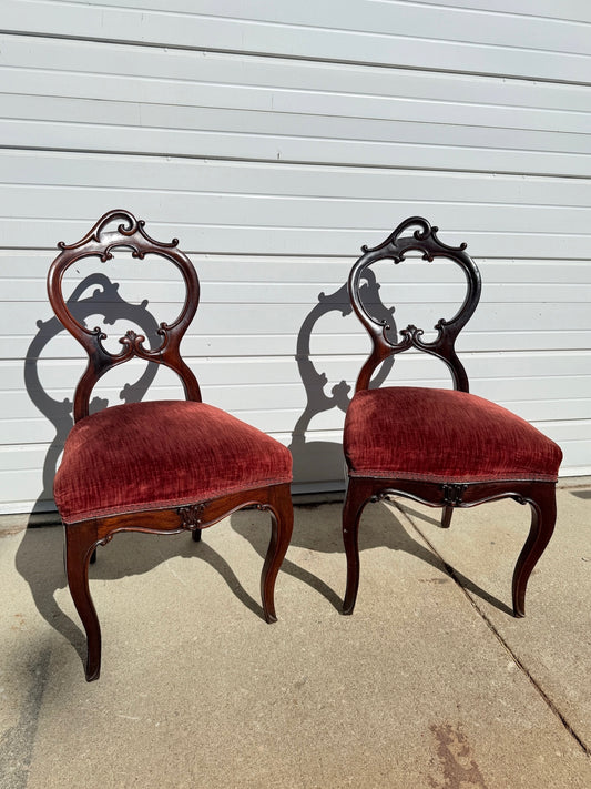 Antique 1900s Red Velvet Carved Rosewood Balloon Back Chairs | Set of 2