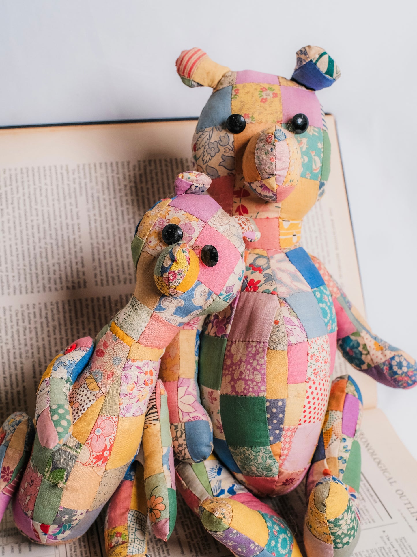 Vintage 1940s Handmade Quilted Patchwork Teddy Bears | Set of 2