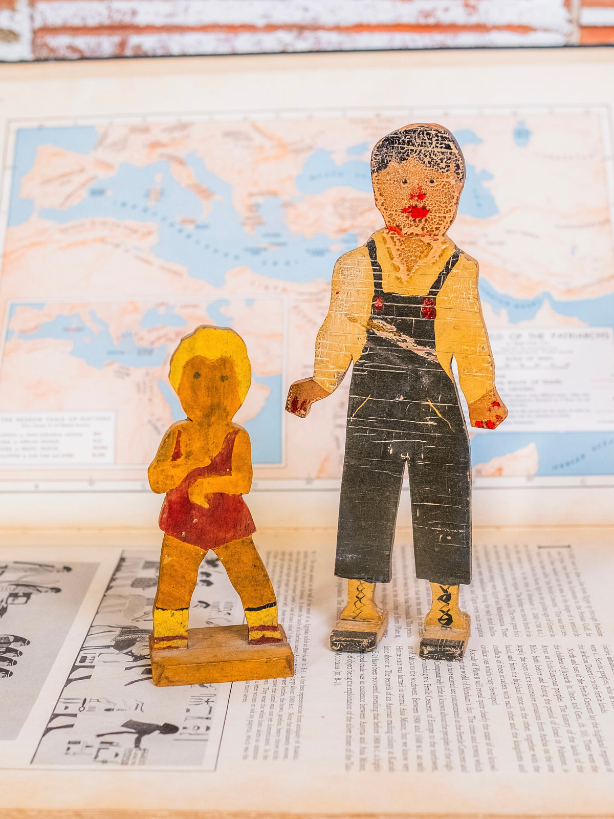 Antique Hand-Painted Wooden Folk Art “Dad & Daughter” Cut-Out Figures