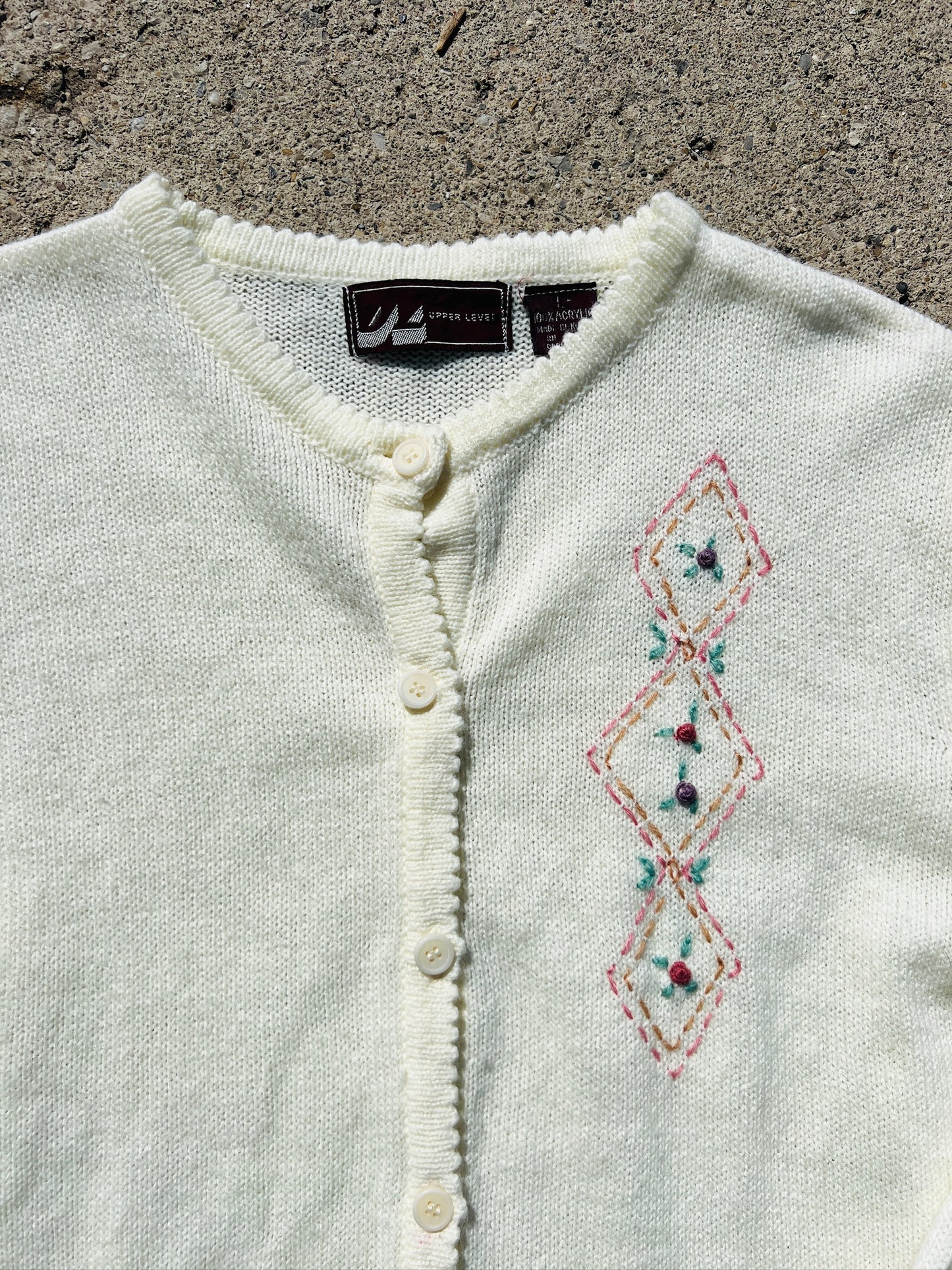 Vintage 1980s Cream Floral Embroidered Cardigan | M/L