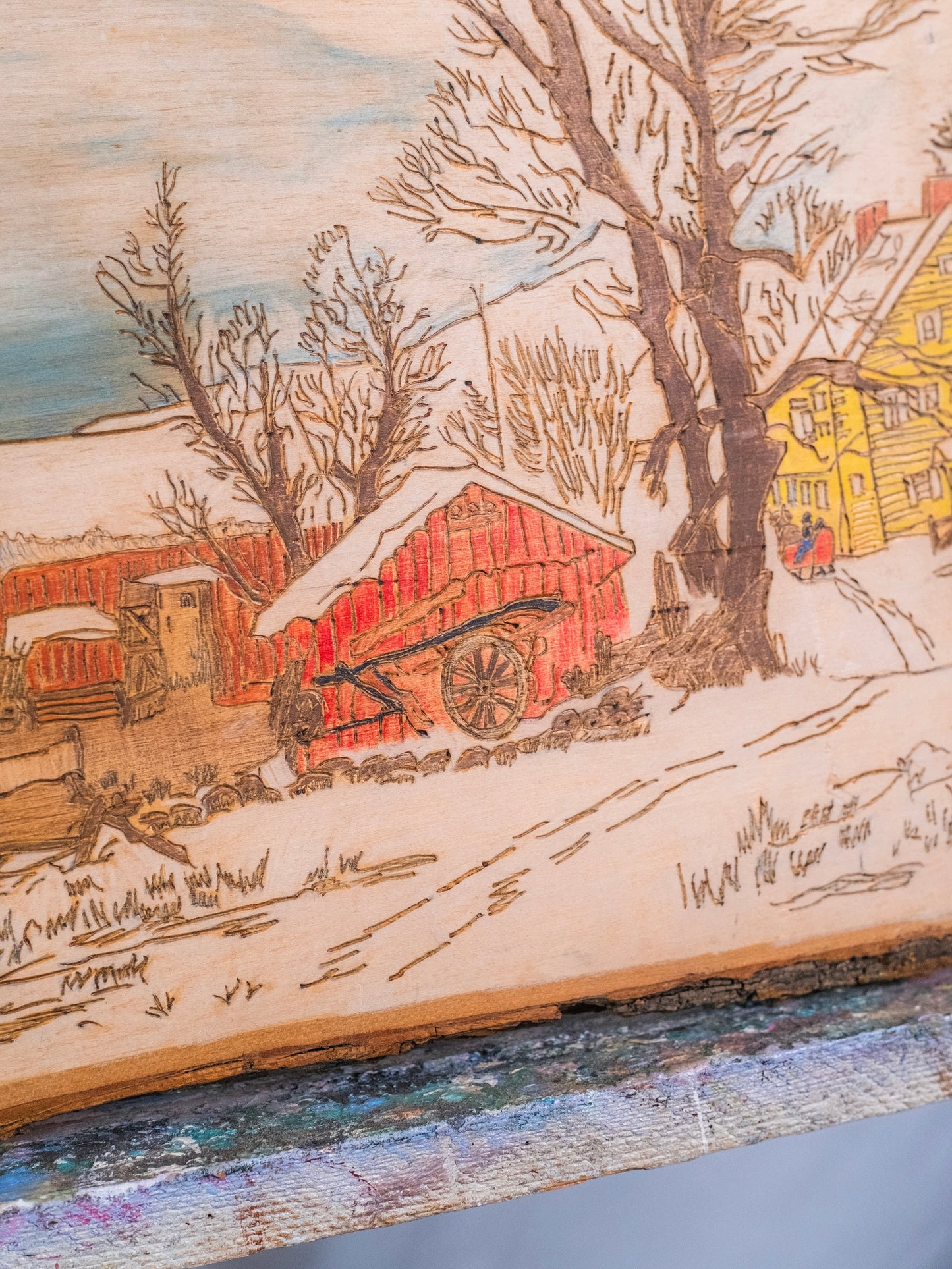 Vintage 1960s Handmade Wood Slab Carved "Winter Farm Scene" Wall Art