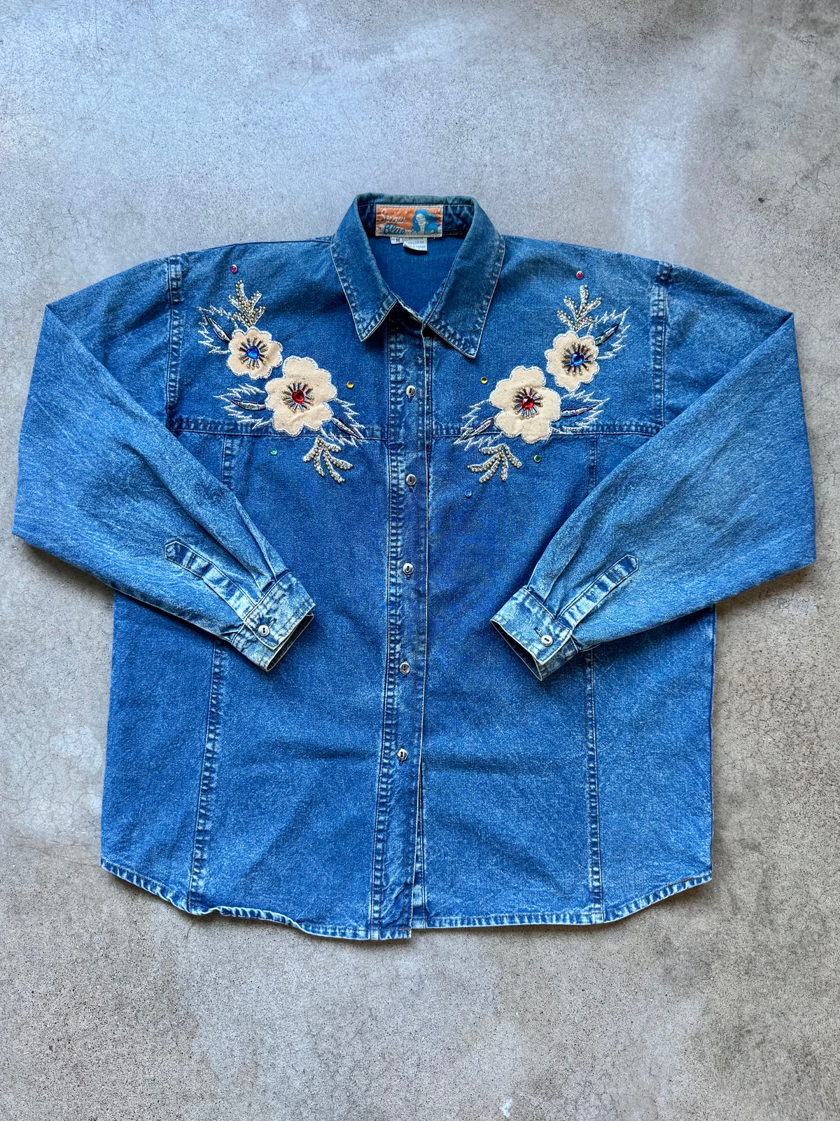 Vintage 1980s Snow Blue Floral Beaded Appliqué Denim Two-Piece Skirt Set | Medium