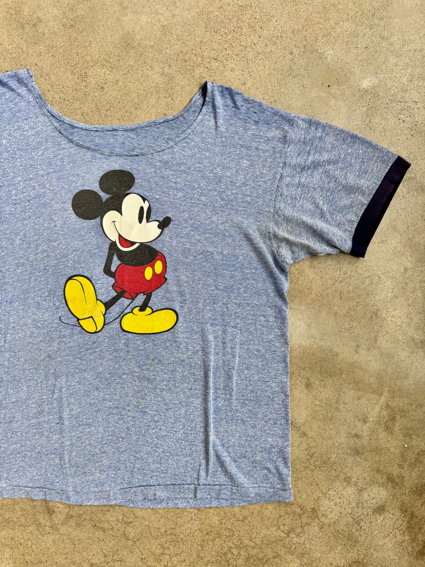 Vintage 1970s Blue Mickey Mouse Graphic Reworked Wide Neck Tee | XL