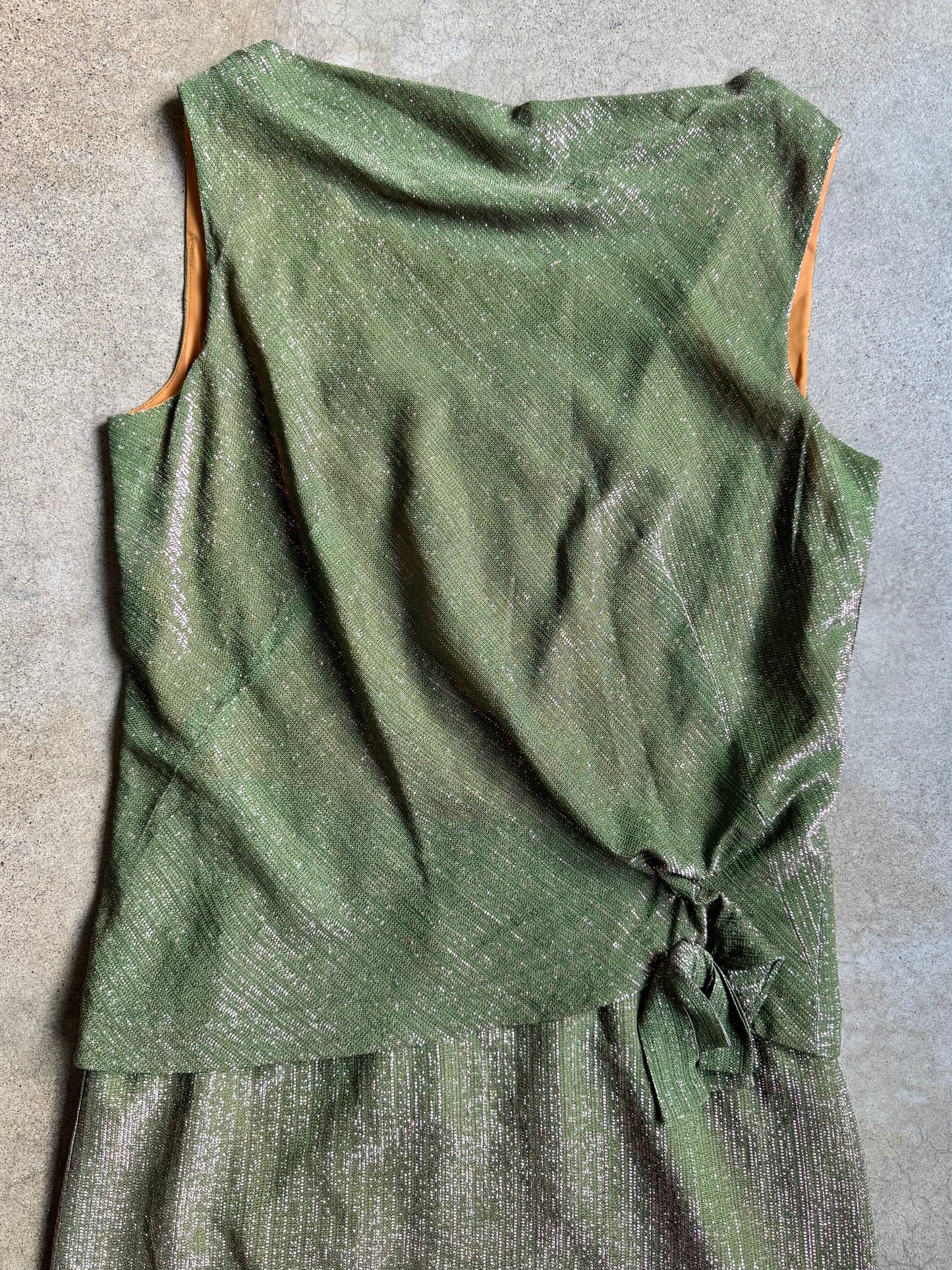 Vintage 1960s Young Eleganté Green & Pink Metallic Mod Cocktail Dress | M/L