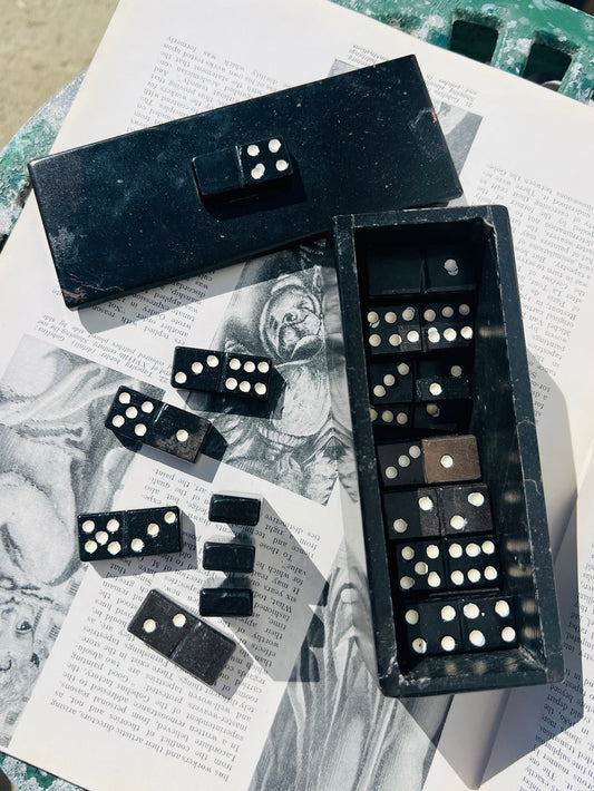 Vintage 1950s Black Onyx Stone Domino Set