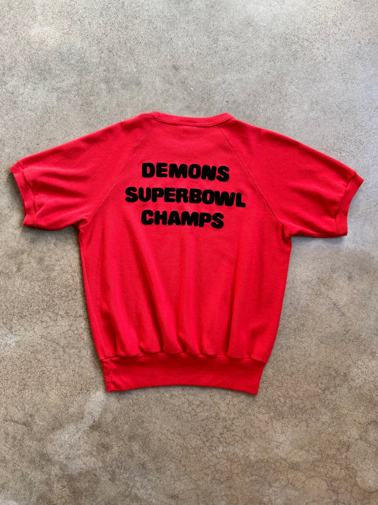 Vintage 1970s “Demons Superbowl Champs” Red Short Sleeve Crewneck Sweatshirt | Small