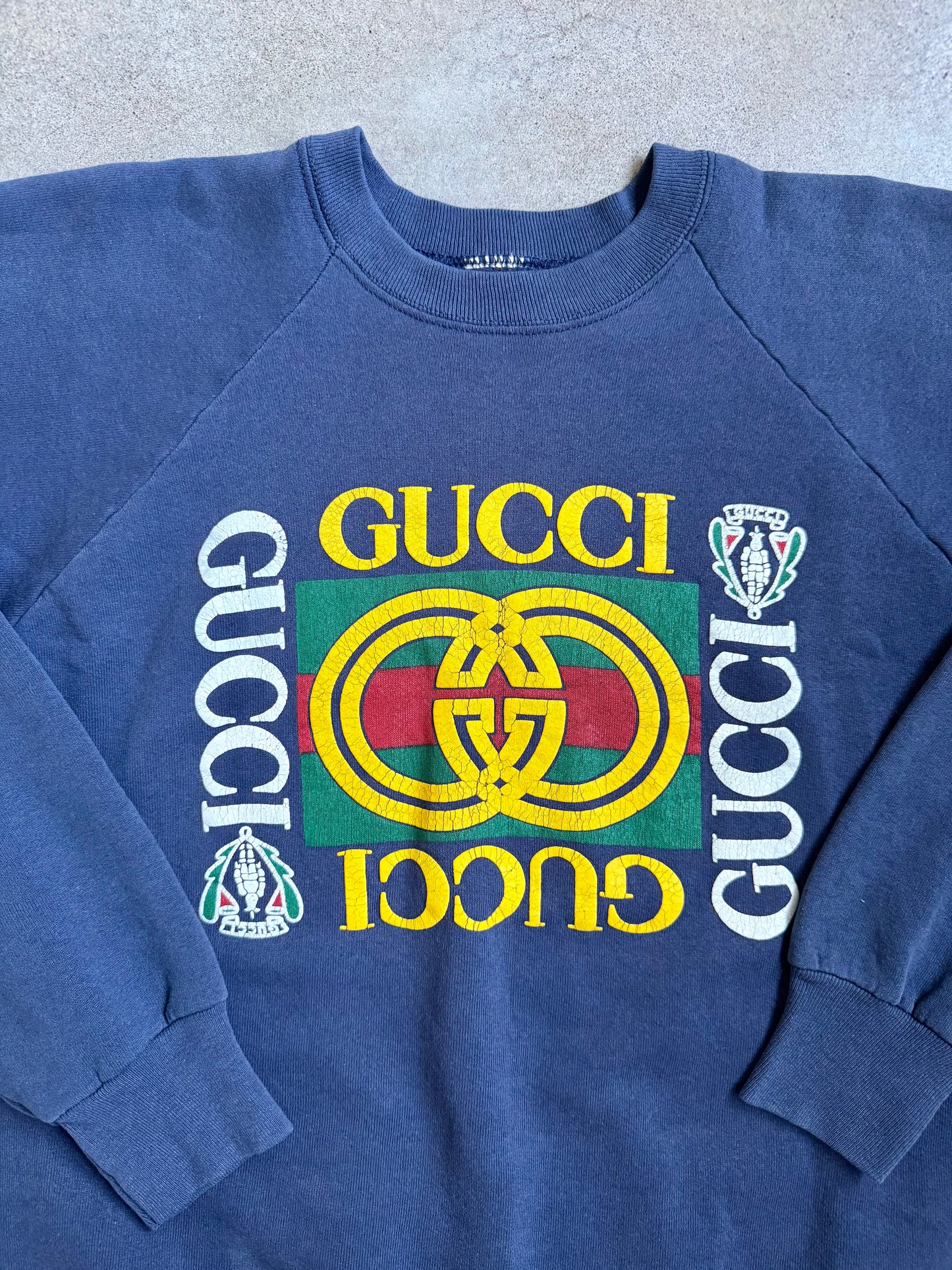 Vintage 1980s/90s Blue Gucci Graphic Raglan Sweatshirt | L/XL