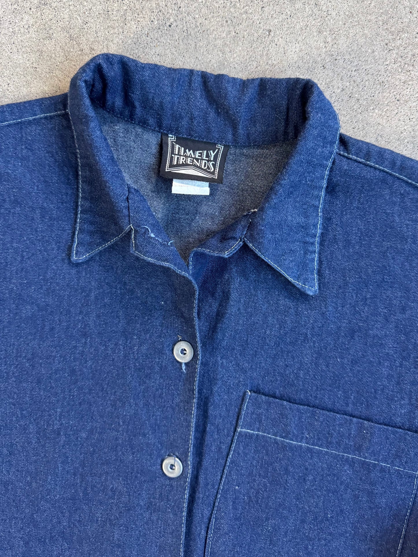 Vintage 1980s Timely Trends Button-Front Denim Drop-Waist Shirt Dress | Medium