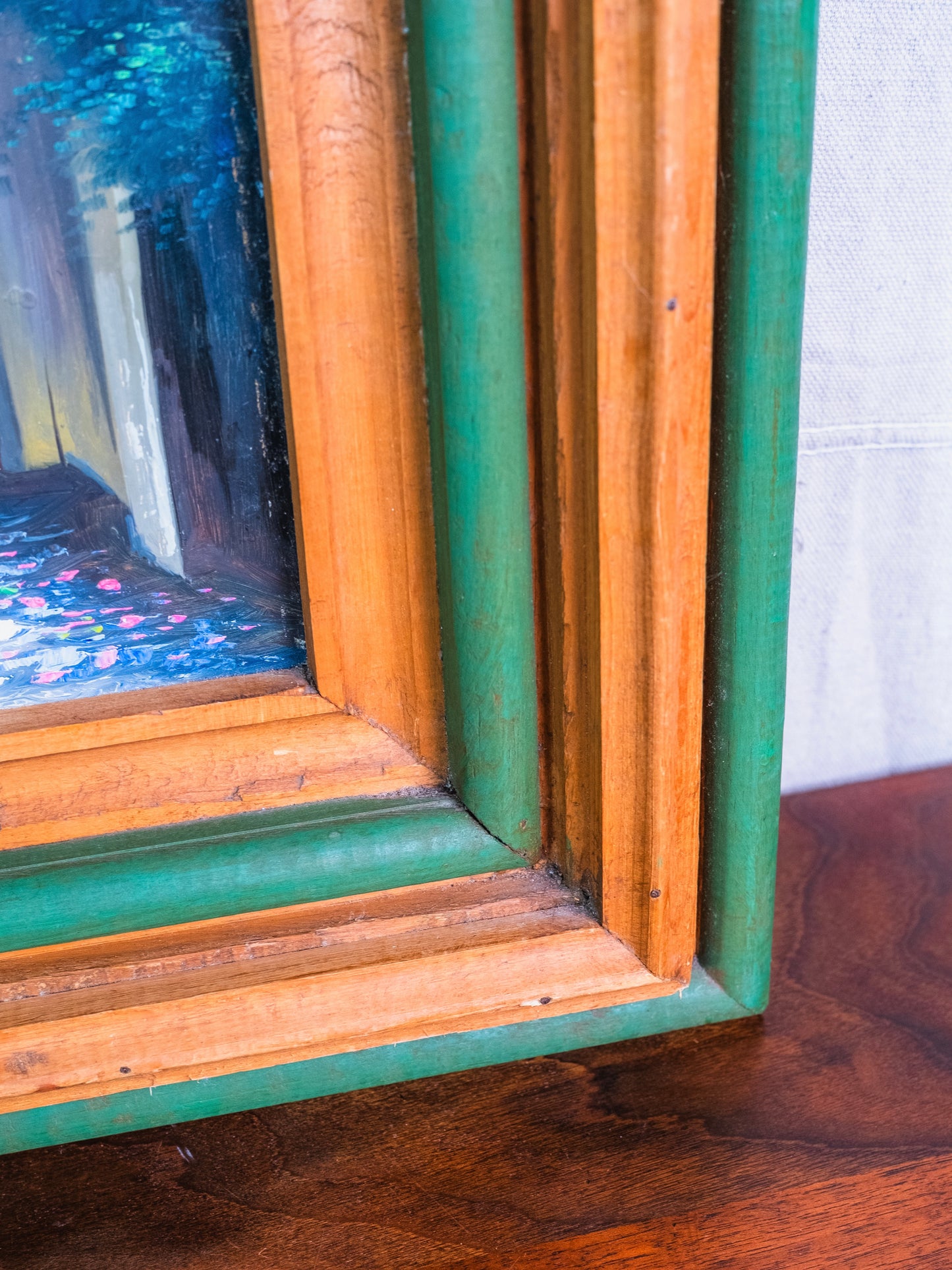 Vintage Framed Cobblestone Alleyway Scene Oil Painting | Signed