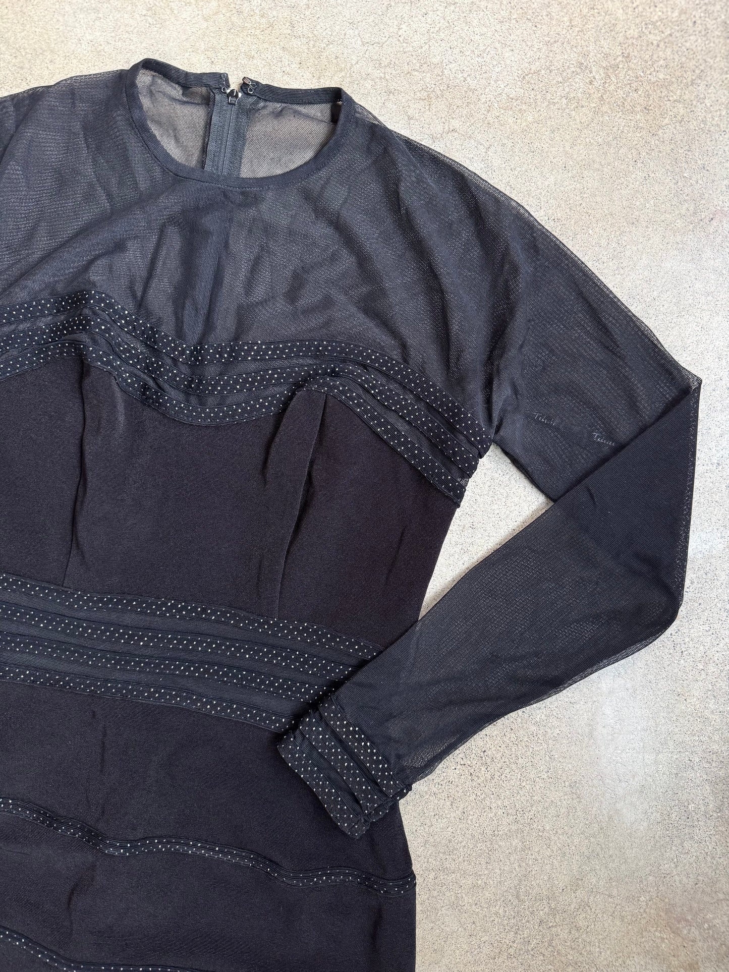 Vintage 1990s Tadashi Black Mesh Long Sleeve Bodycon Dress | Medium