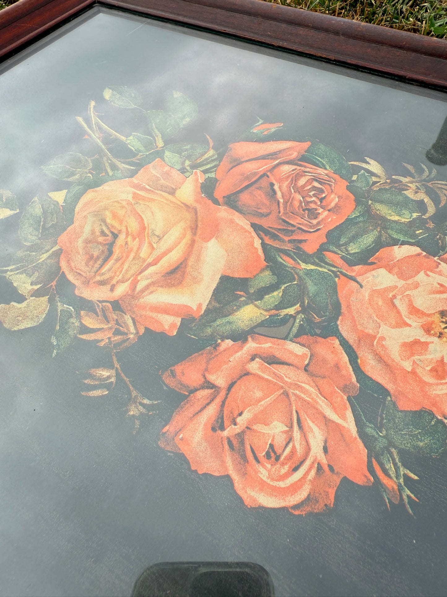 Vintage 1960s Wood & Glass Floral Print Serving Tray