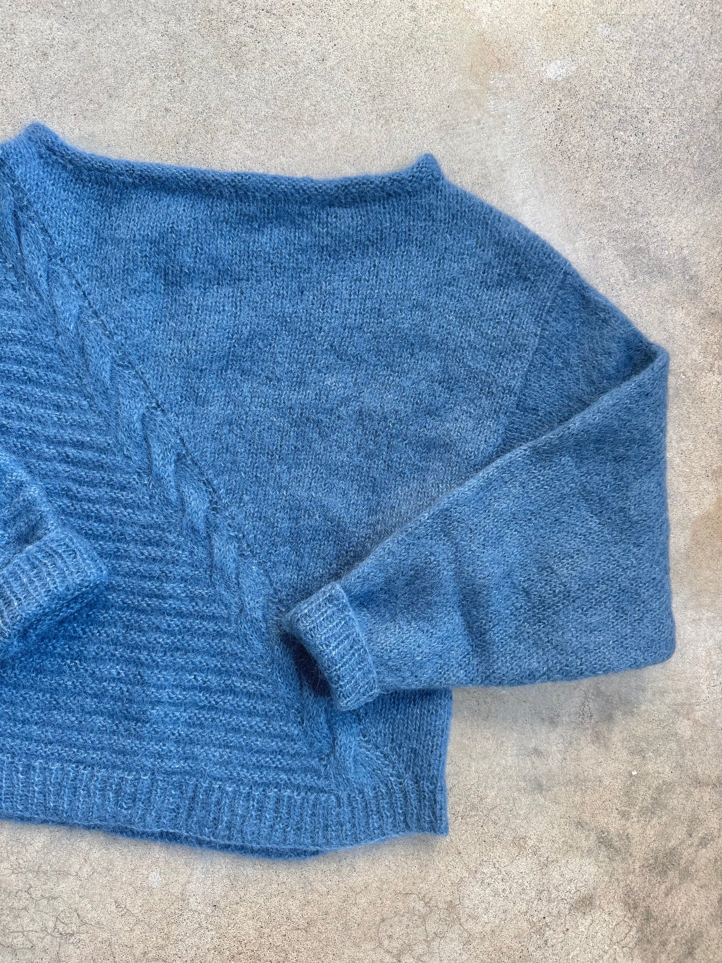 Vintage 1950s Hand-Knit Blue Mohair-Blend Boatneck Sweater | Medium