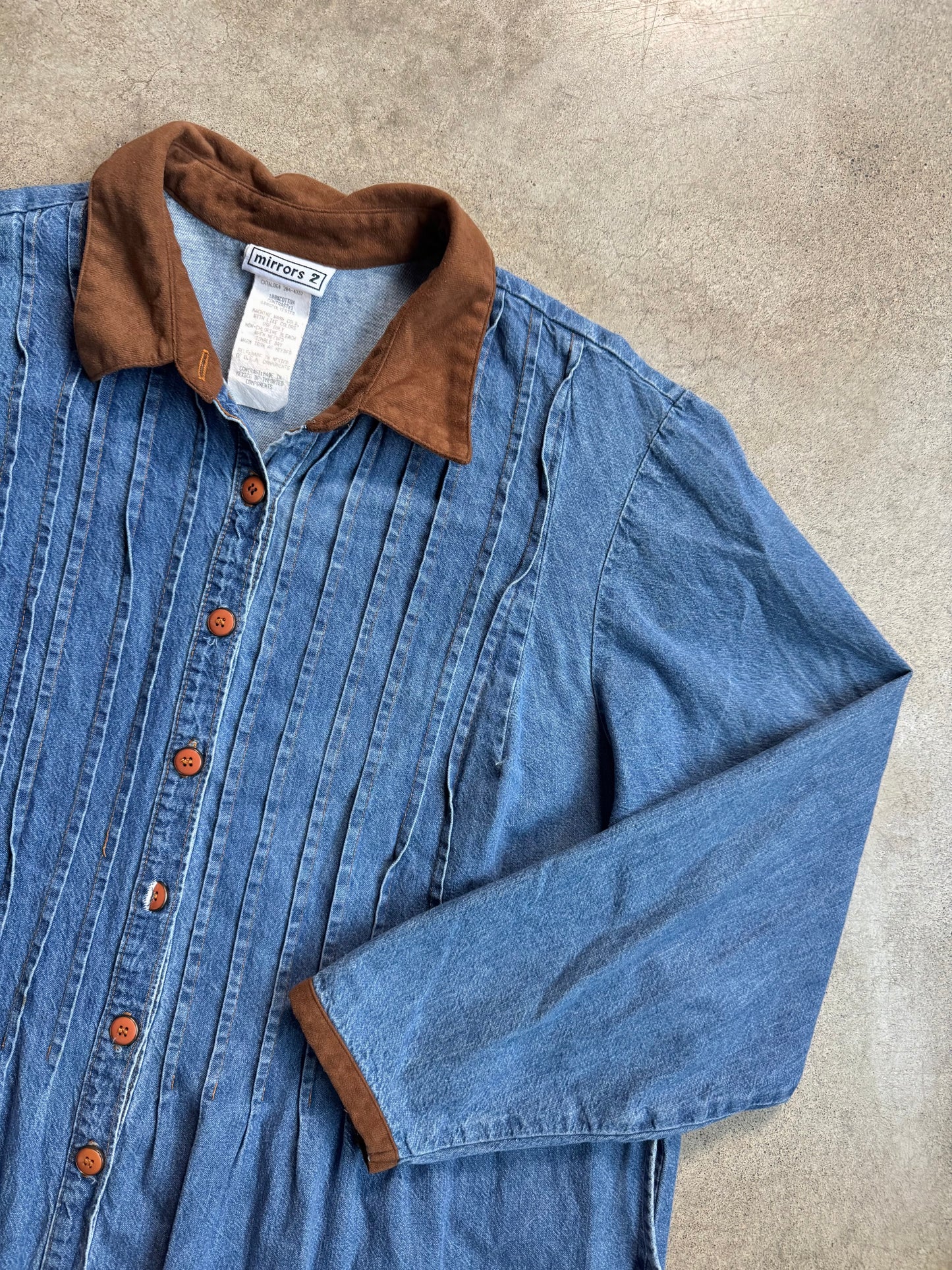 Vintage 1990s Mirrors 2 Faux Suede Collar Denim Tie-Back Maxi Dress | XL