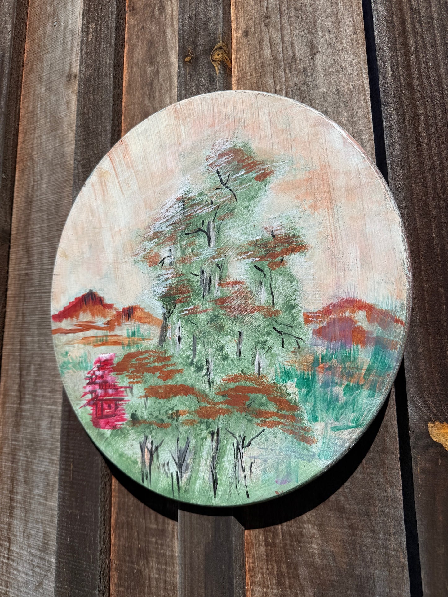 Vintage 1970s Round Asian Landscape Painting on Board