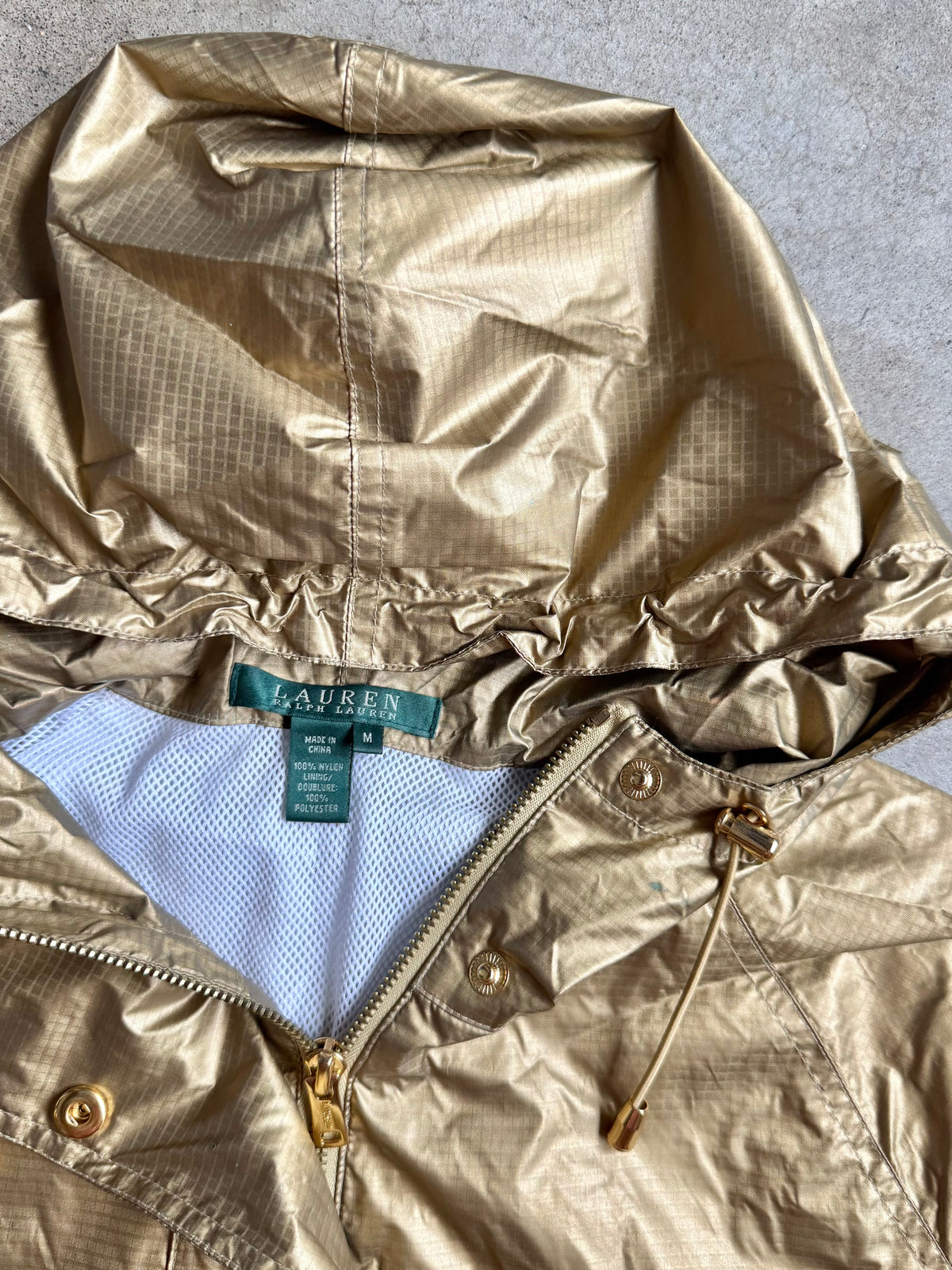 Lauren Ralph Lauren Gold Metallic Hooded Windbreaker Jacket | Medium