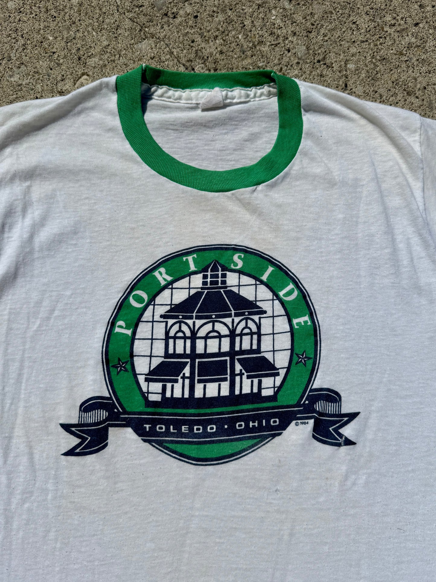 Vintage 1980s Portside Toledo White & Green Ringer Tee | M/L