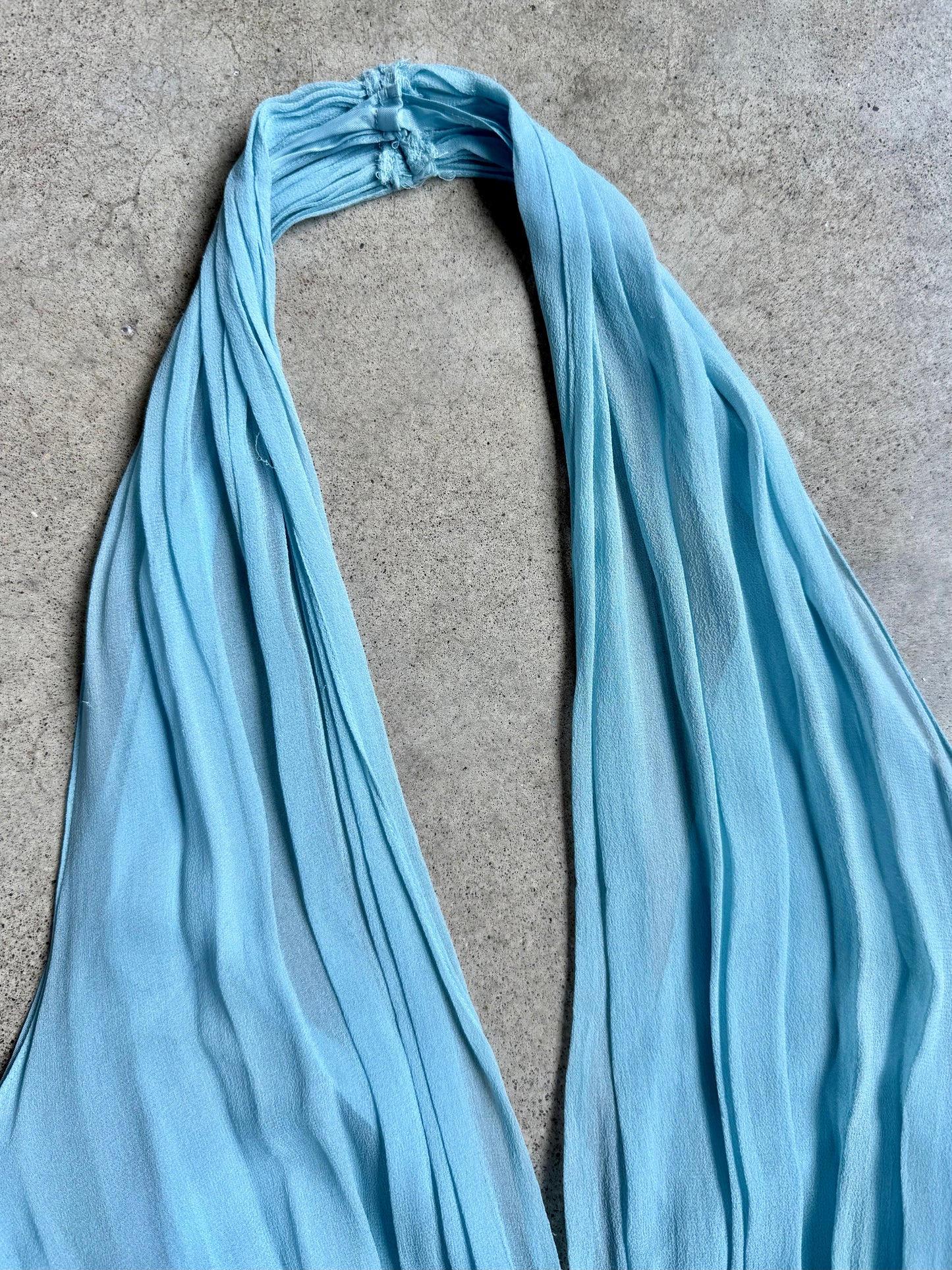 Vintage 1990s Maggy London Baby Blue Silk Halter Dress | Large