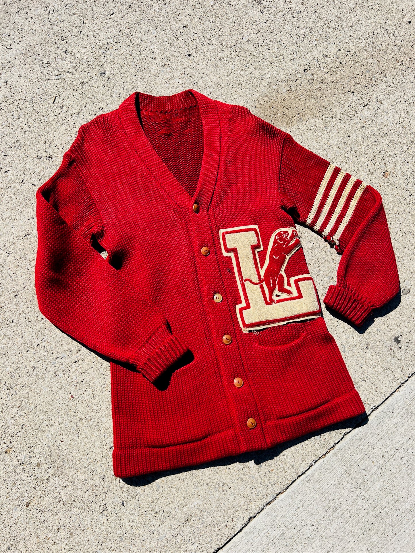 Vintage 1940s Red Letterman Knit Cardigan Sweater | S/M