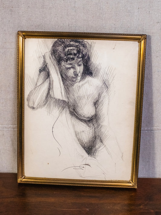 Vintage 1930s Framed "Lounging Woman" Nude Sketch Artwork