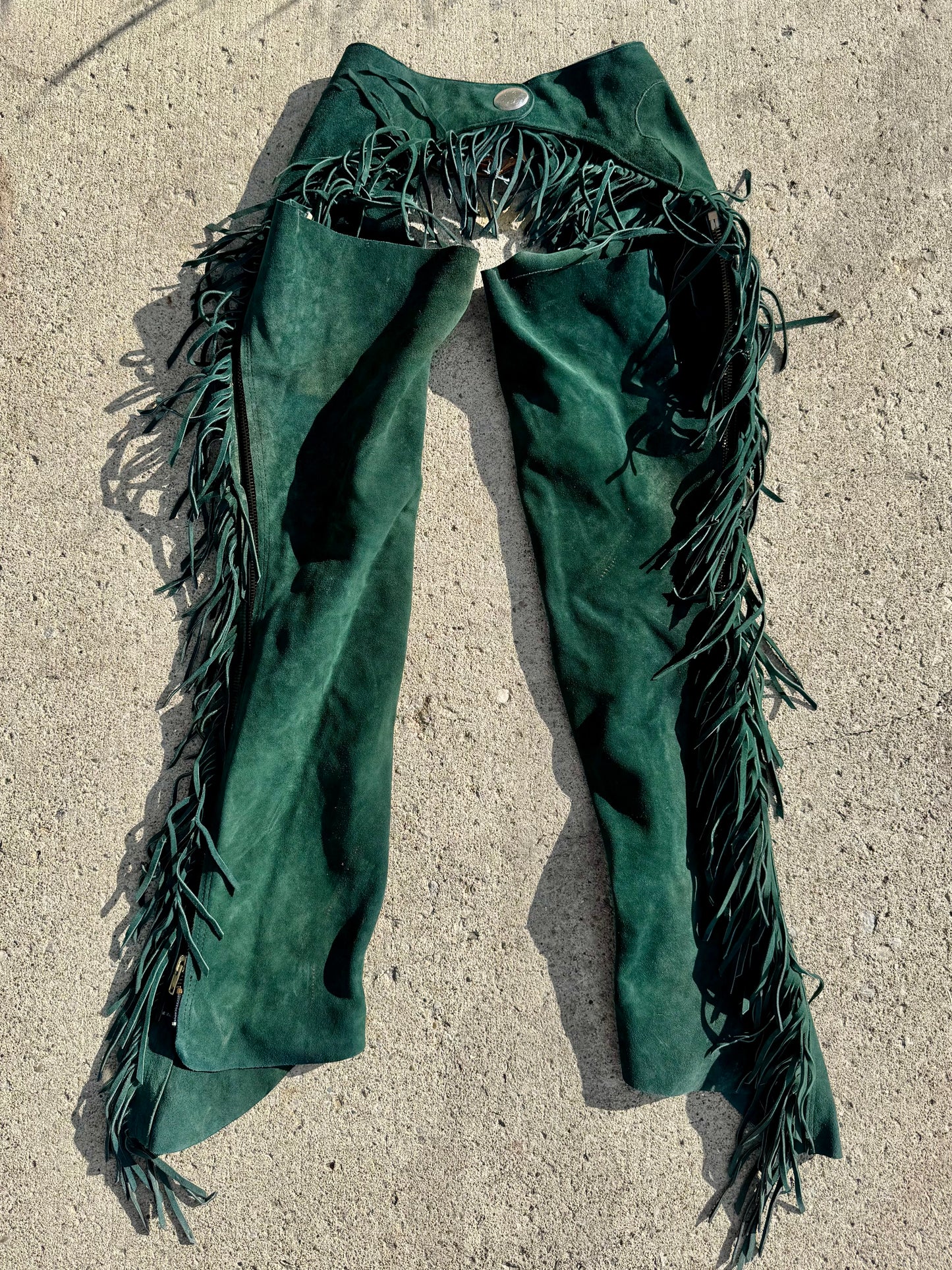 Vintage 1980s Rod's Western Palace Green Suede Leather Fringe Chaps | M/L