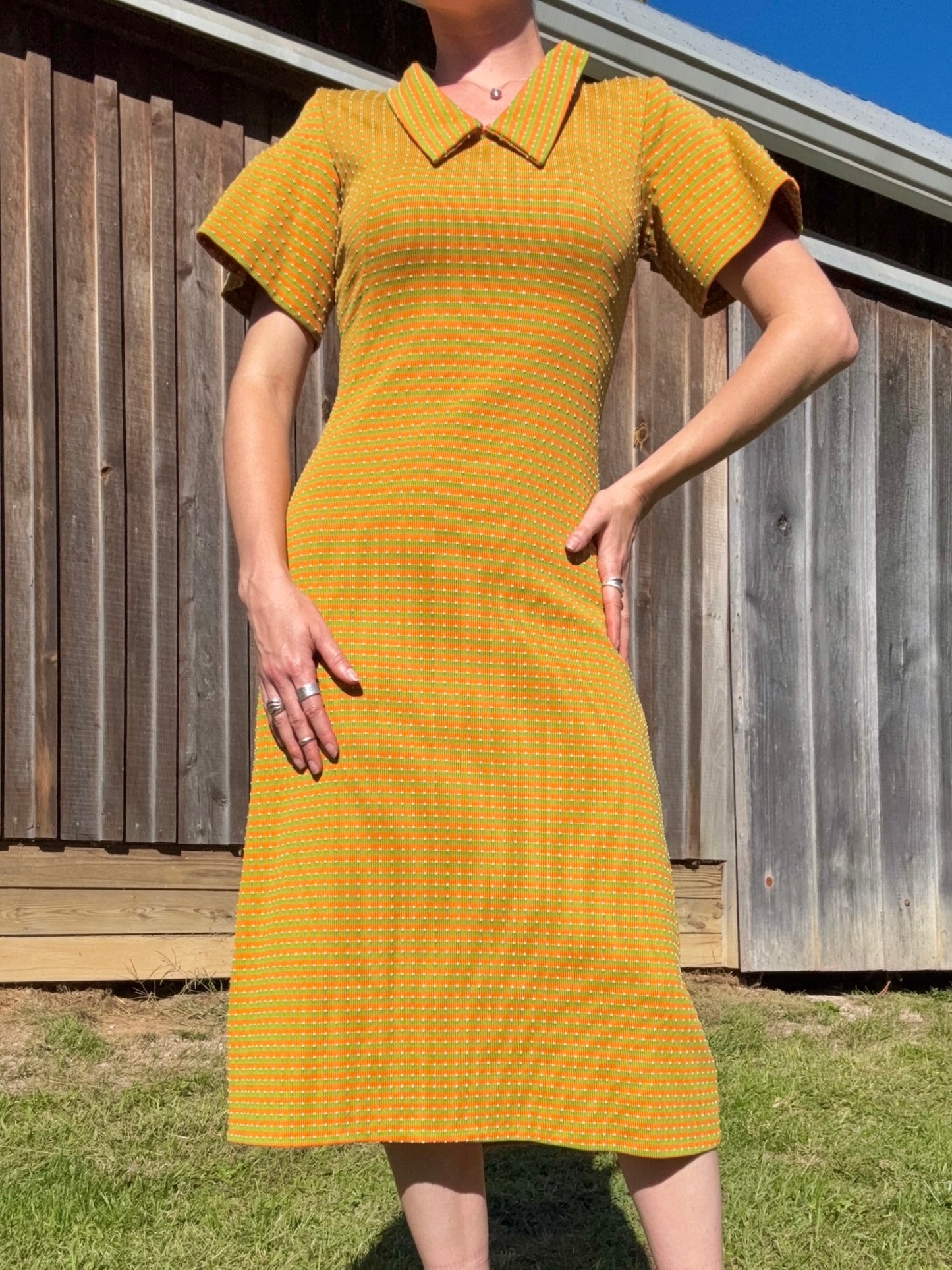 Vintage 1960s Handmade Orange & Green Striped Collared Midi Dress | Small
