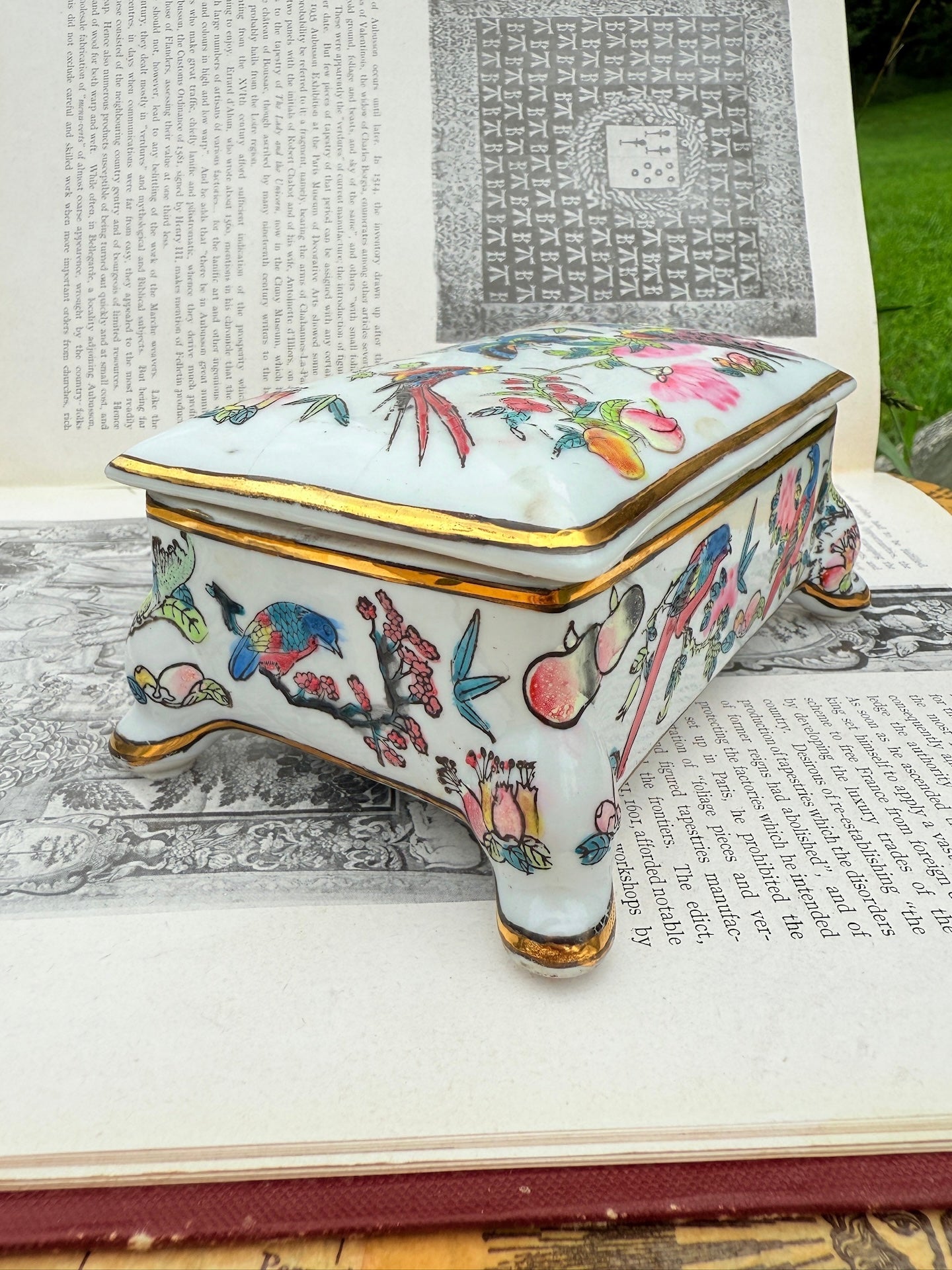 Vintage 1970s Birds Butterflies & Florals Ceramic Trinket Box