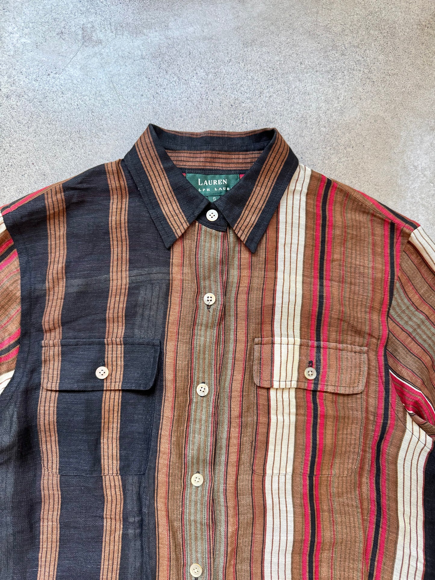 Vintage 1990s Lauren Ralph Lauren Striped Silk & Linen Buttoned Shirt | Small