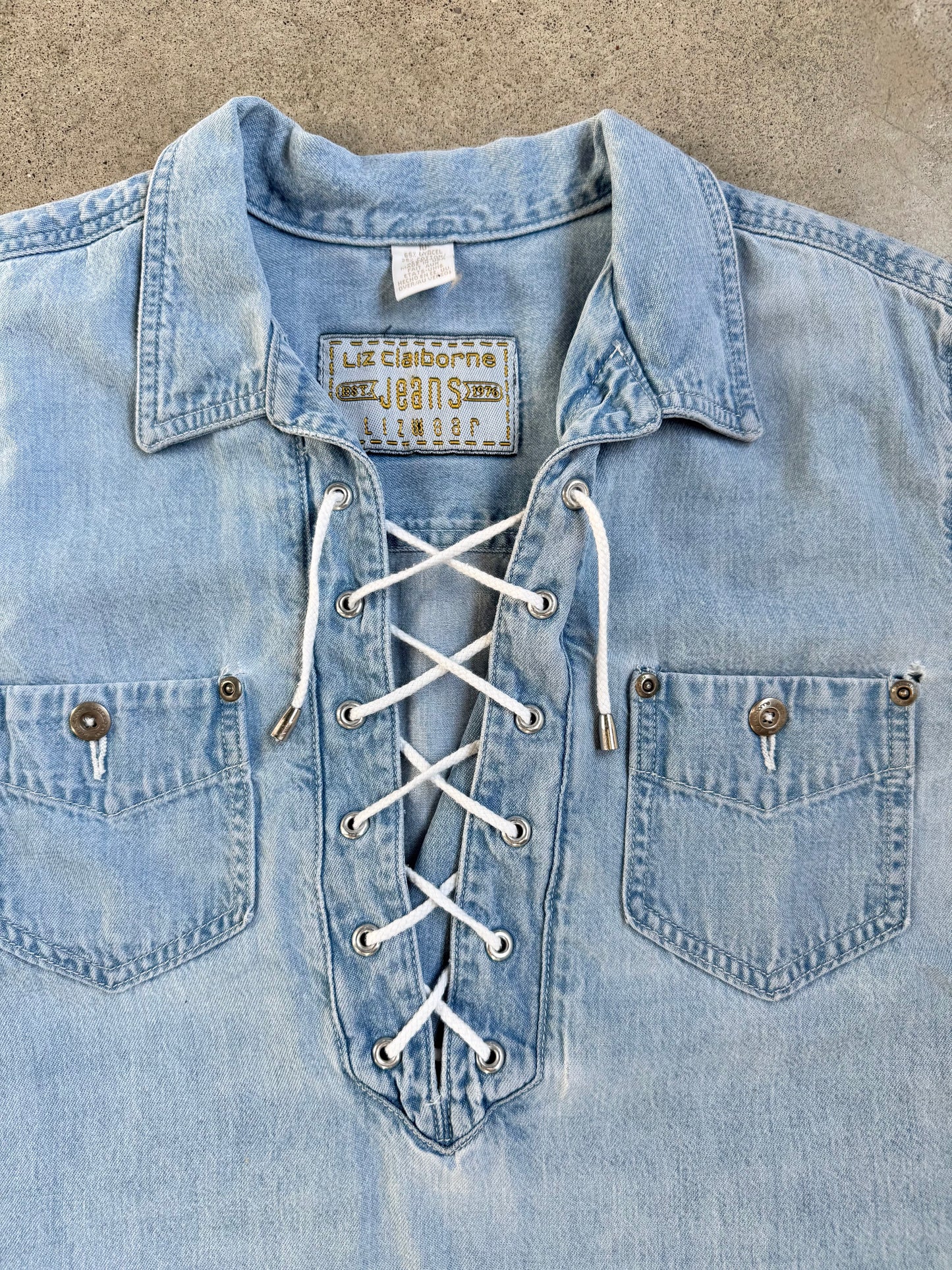 Vintage 1990s Liz Wear Light Wash Denim Lace-Up Shirt Dress | Medium