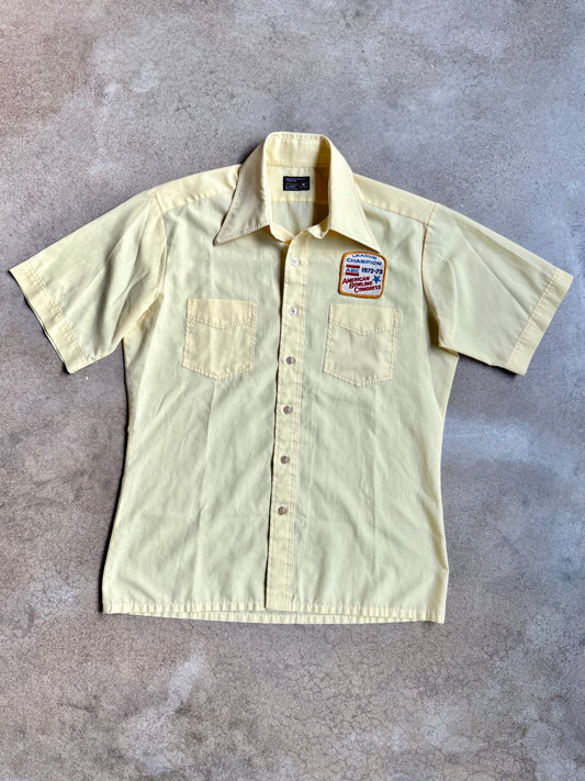 Vintage 1970s Yellow American Bowling Congress League Champ Patch Shirt | Medium