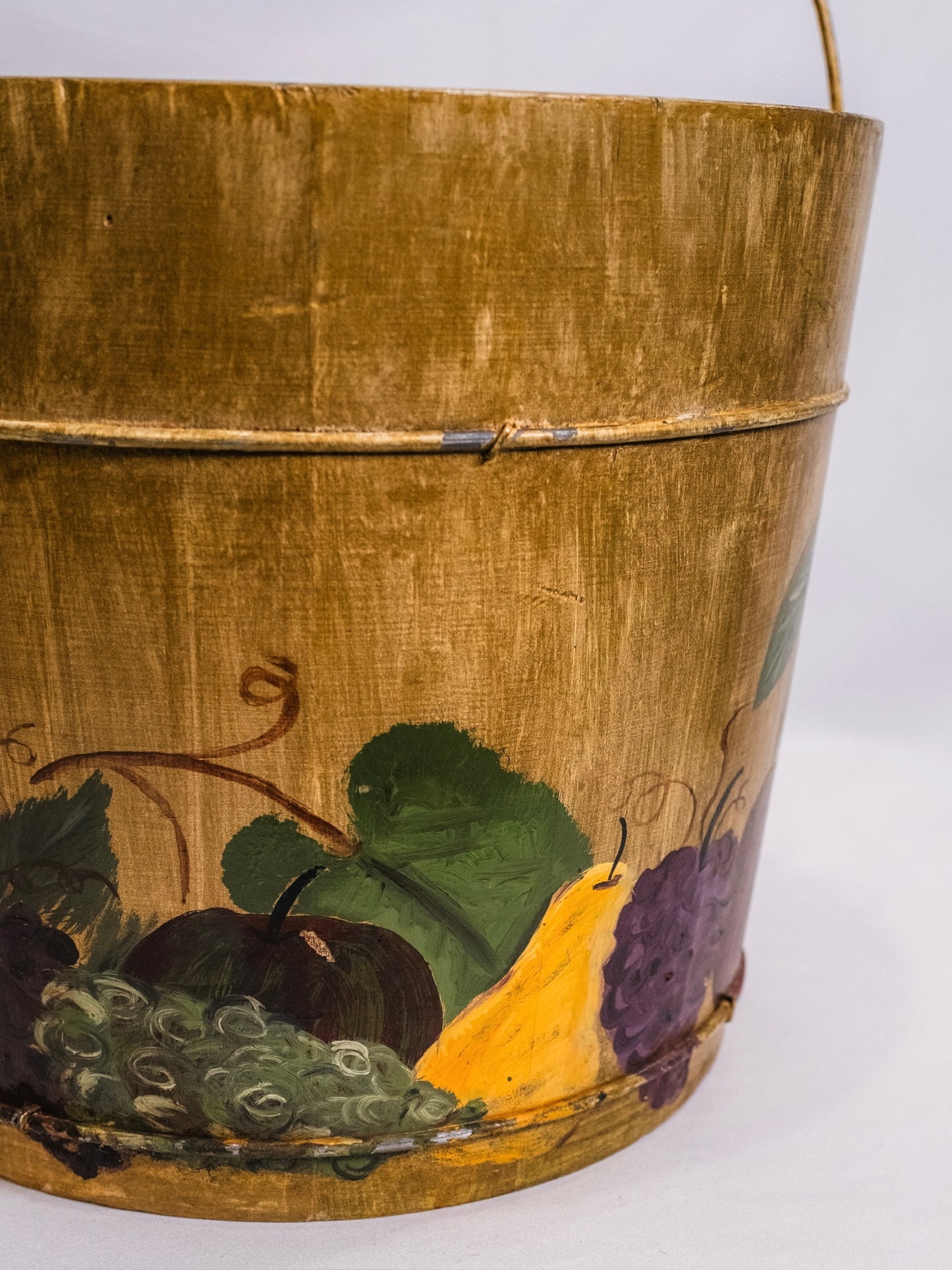 Vintage 1960s Handmade & Hand-Painted Tole Pattern Primitive Bucket w/ Handle