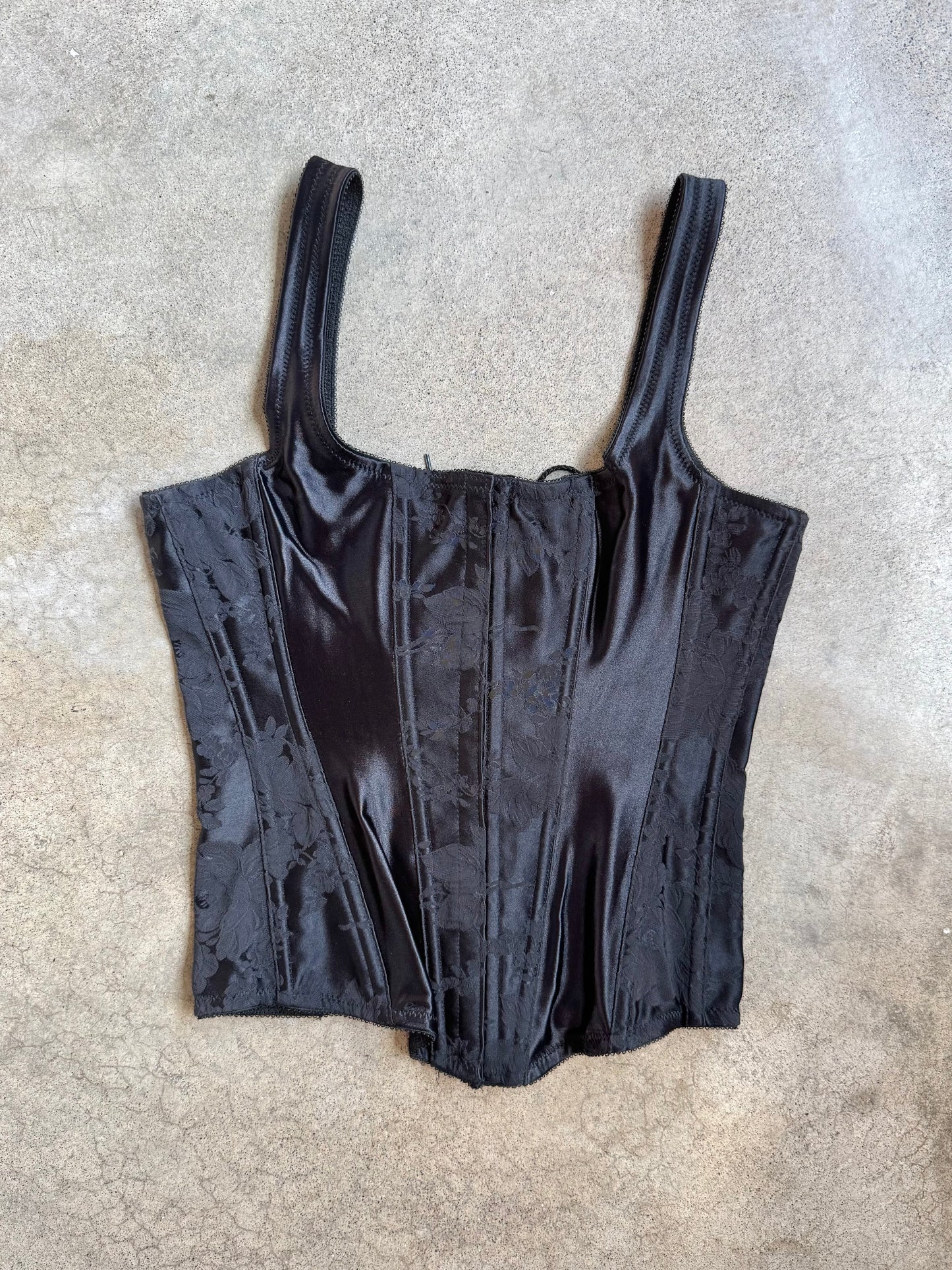 Vintage 1970s Black Satin Floral Jacquard Corset Top | 34