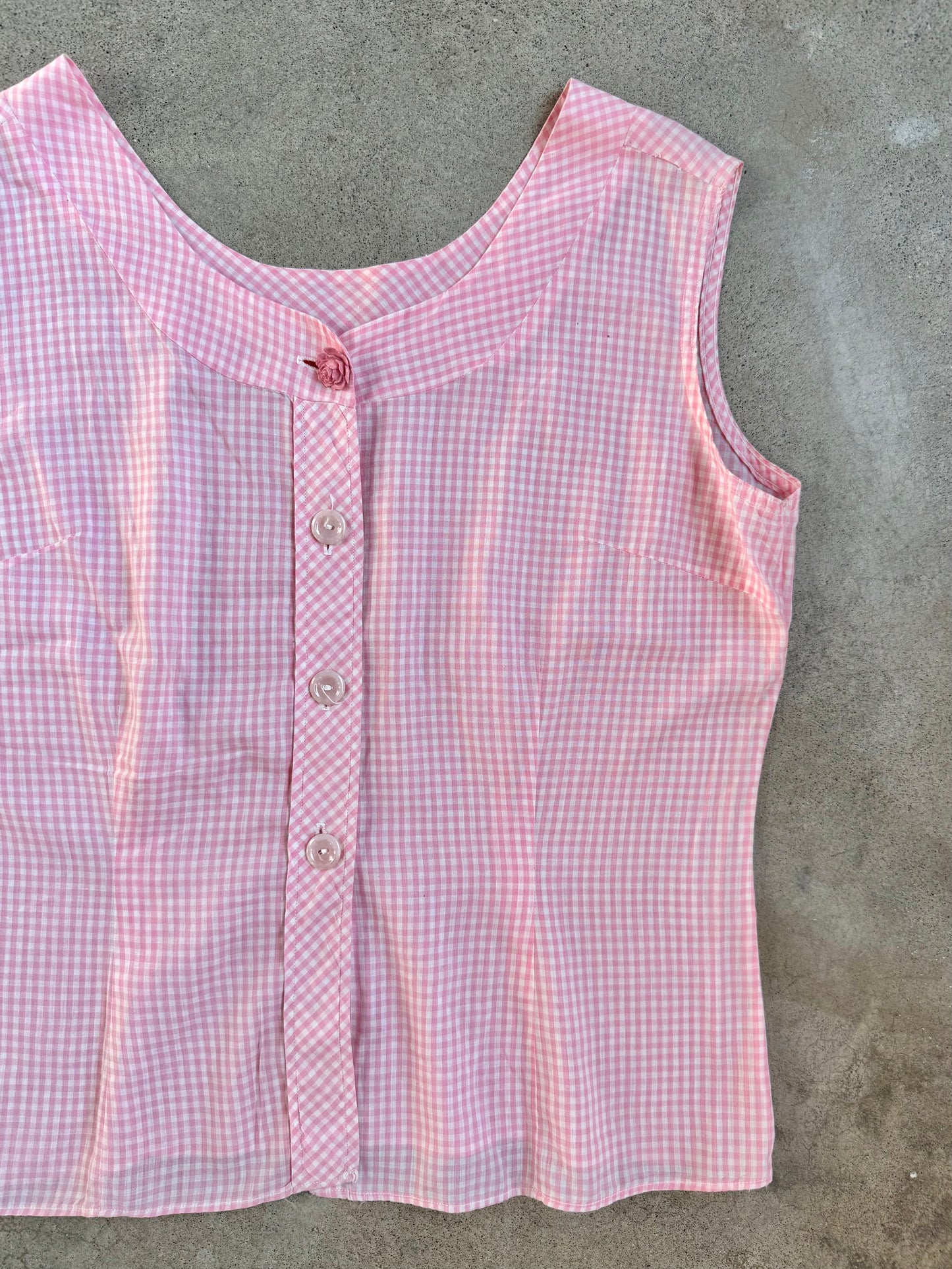 Vintage 1950s Laura Mae Pink Gingham Sleeveless Blouse | Large
