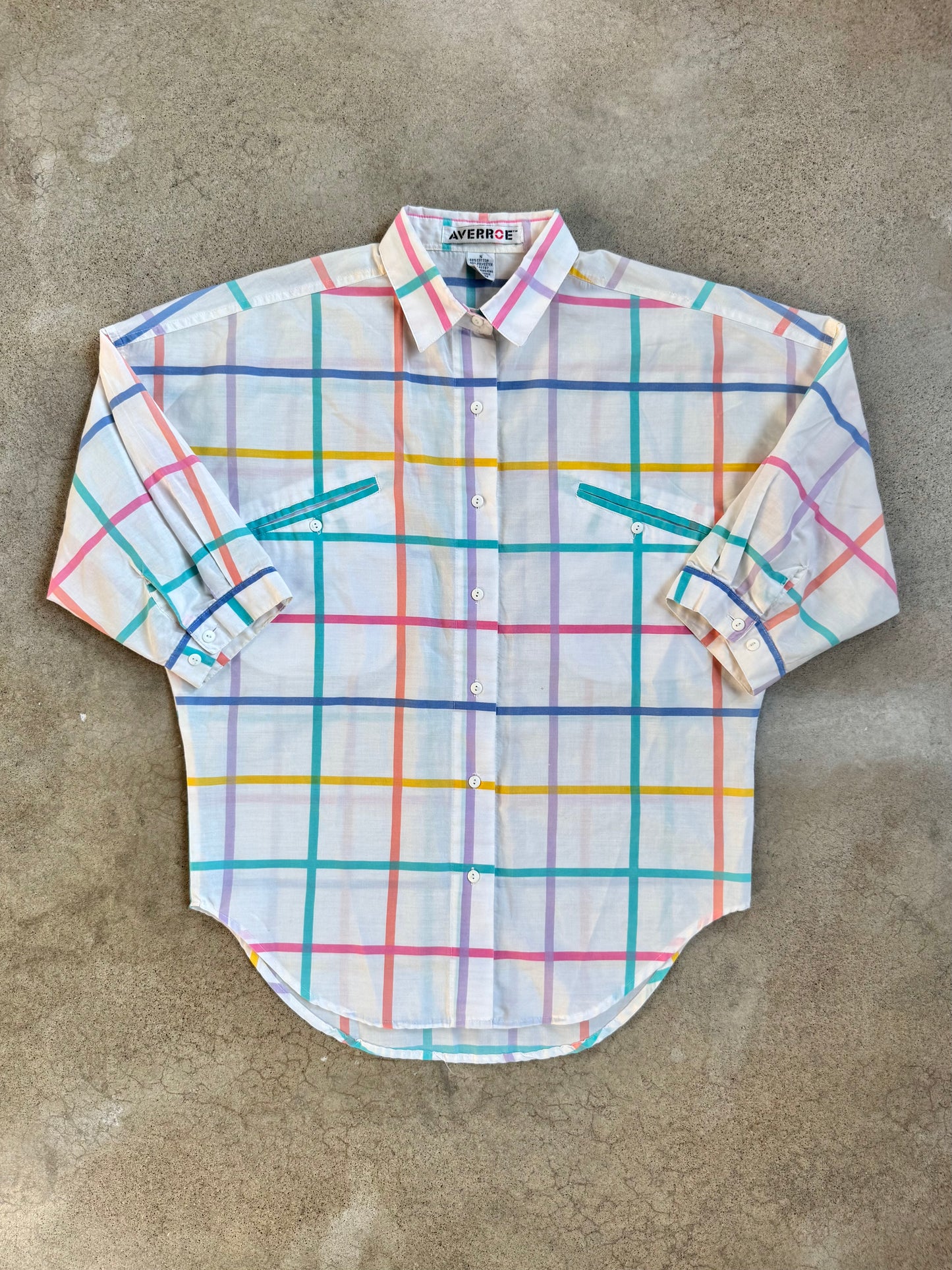Vintage 1980s Averroe Pastel Plaid Button-Up Blouse | Small
