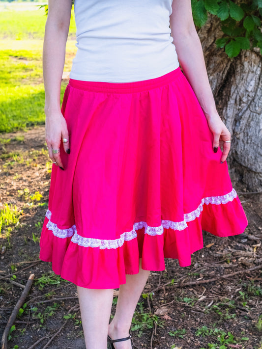 Vintage 1970s Partners Please! Hot Pink Lace Trim Square Dance Circle Skirt | XL